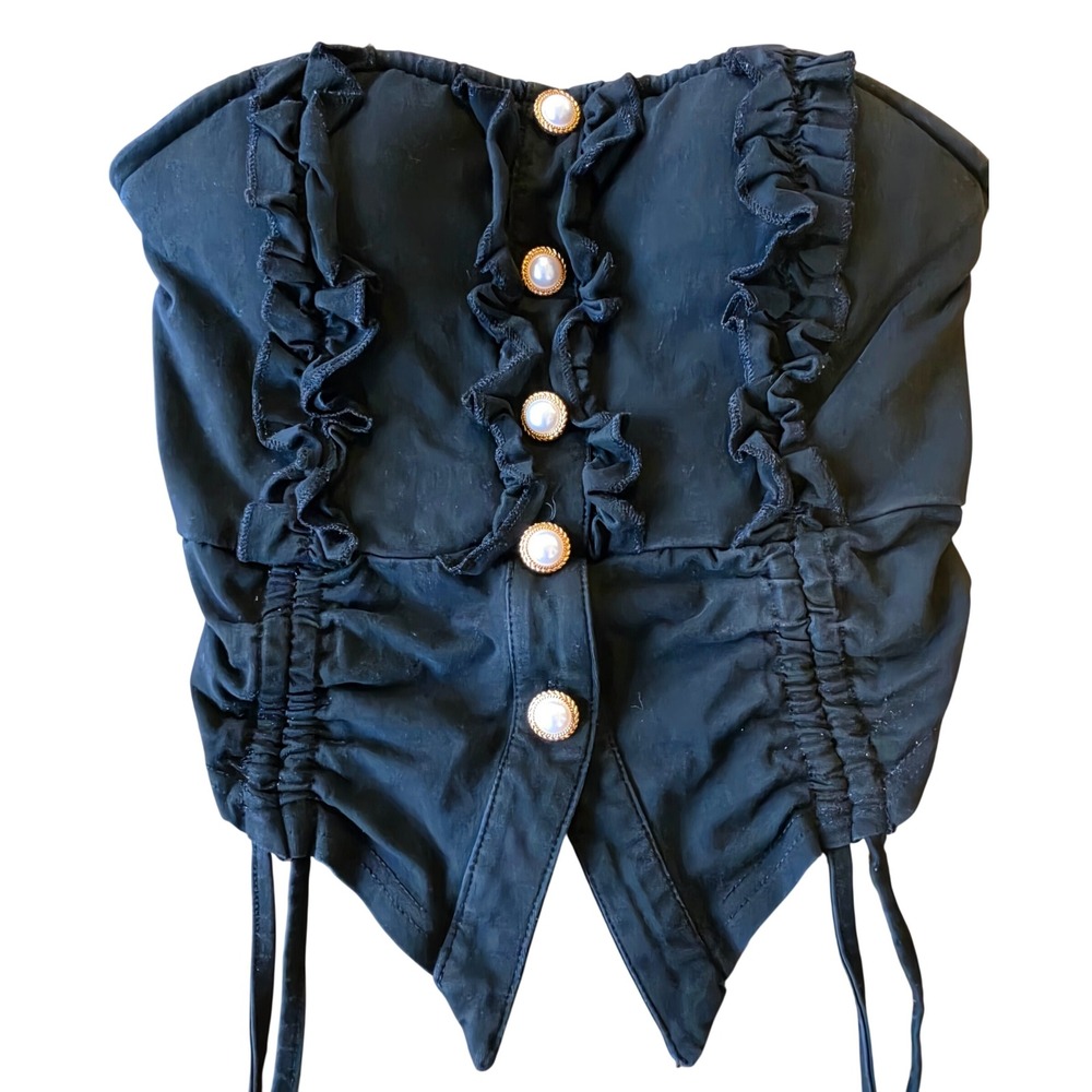 Black Ruffle Corset Tube Top Pearl Buttons Size S Ren Faire Whimsigoth Witchy